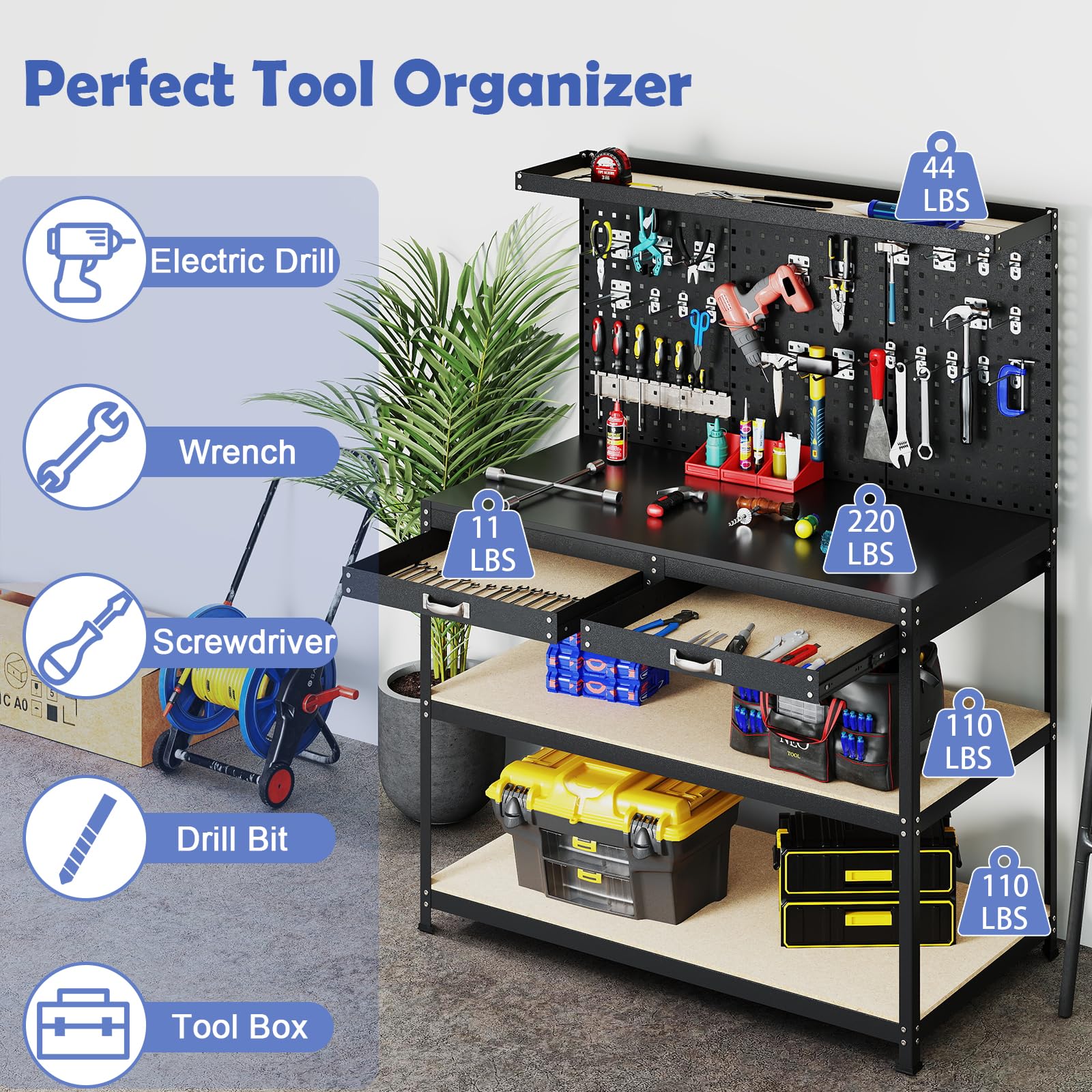 48" x 24" Workbench Work Table with 3 PCs Pegboard, Drawer & Shelves, 24 Hanging Accessories, 506 LBS Heavy-Duty Metal Tool Work Station