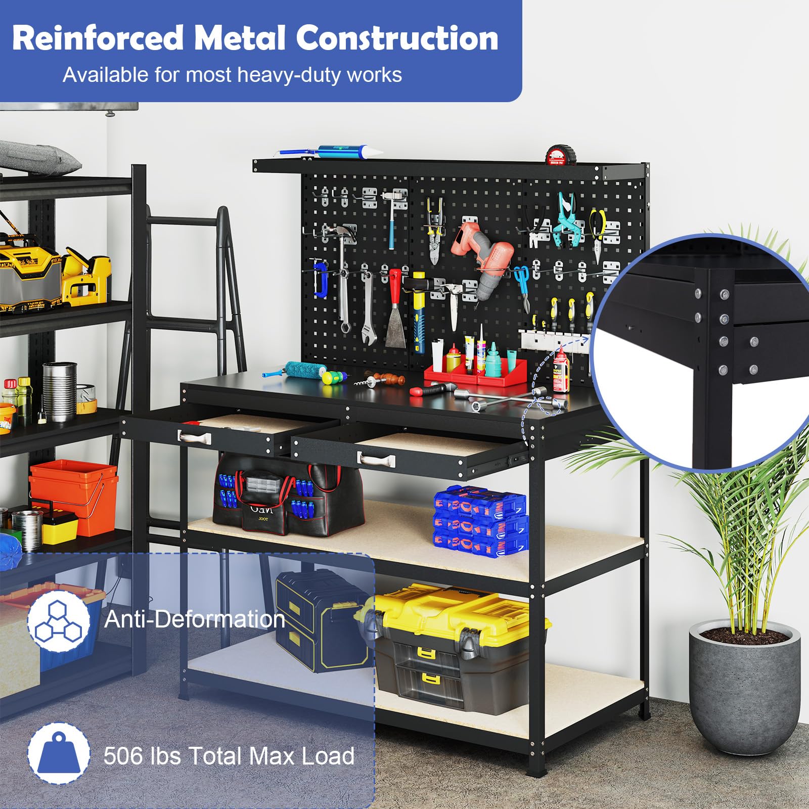 48" x 24" Workbench Work Table with 3 PCs Pegboard, Drawer & Shelves, 24 Hanging Accessories, 506 LBS Heavy-Duty Metal Tool Work Station