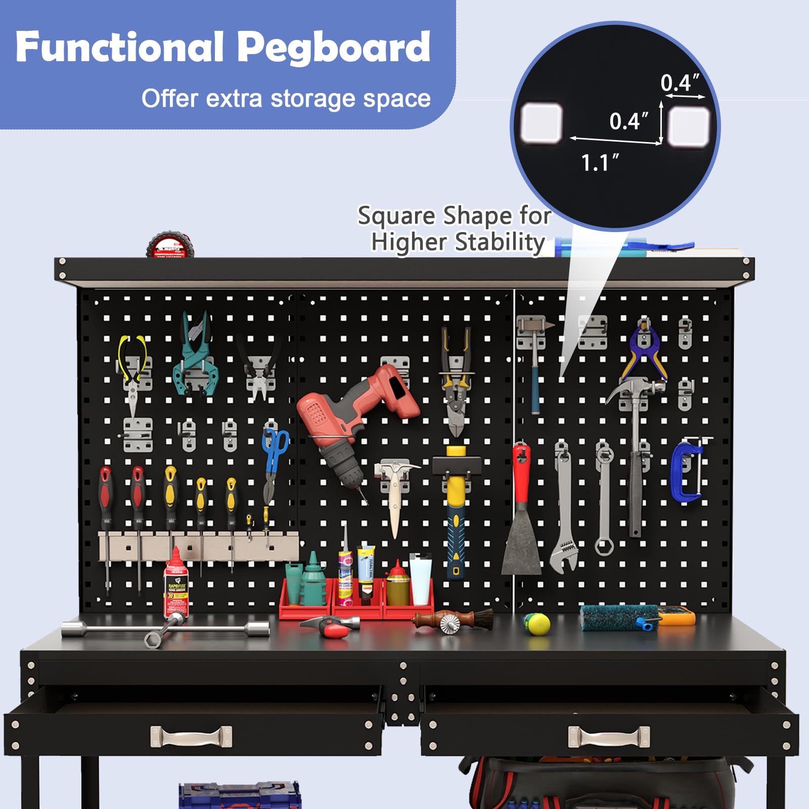 48" x 24" Workbench Work Table with 3 PCs Pegboard, Drawer & Shelves, 24 Hanging Accessories, 506 LBS Heavy-Duty Metal Tool Work Station