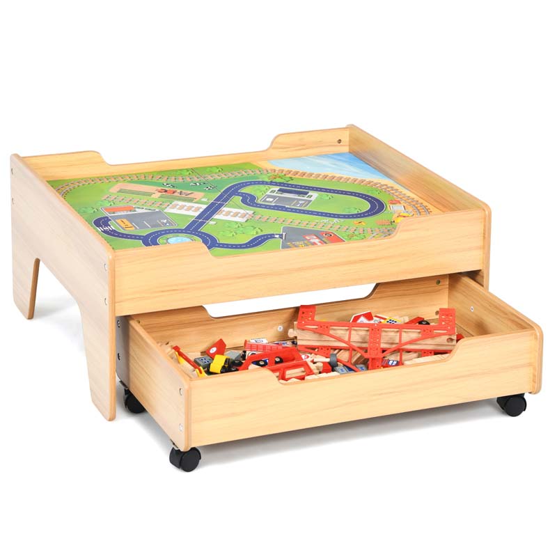 Kids Wooden Train Track Set Table with 100 Multicolor Pieces & Storage Drawer, Toddlers Activity Table Playset Gift for Boys Girls