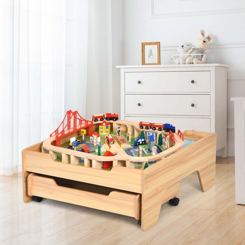 Kids Wooden Train Track Set Table with 100 Multicolor Pieces & Storage Drawer, Toddlers Activity Table Playset Gift for Boys Girls