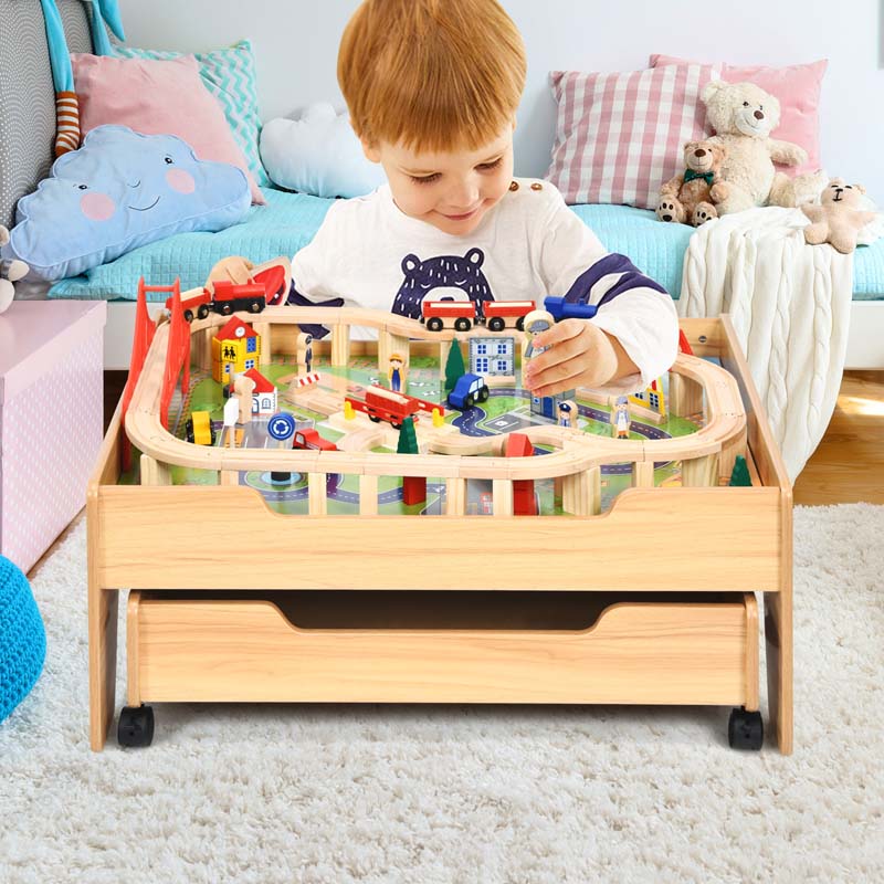 Kids Wooden Train Track Set Table with 100 Multicolor Pieces & Storage Drawer, Toddlers Activity Table Playset Gift for Boys Girls