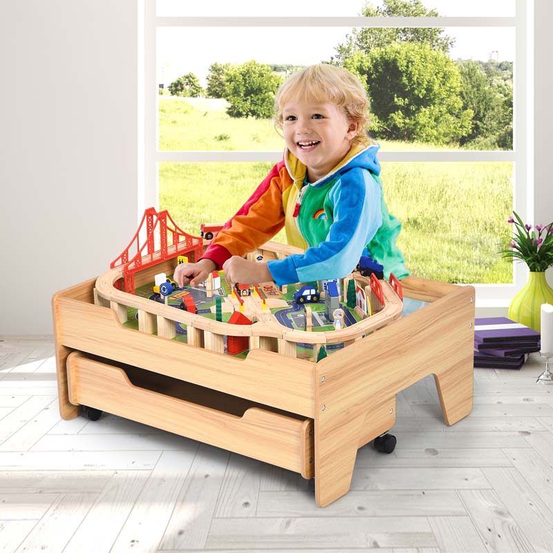 Kids Wooden Train Track Set Table with 100 Multicolor Pieces & Storage Drawer, Toddlers Activity Table Playset Gift for Boys Girls