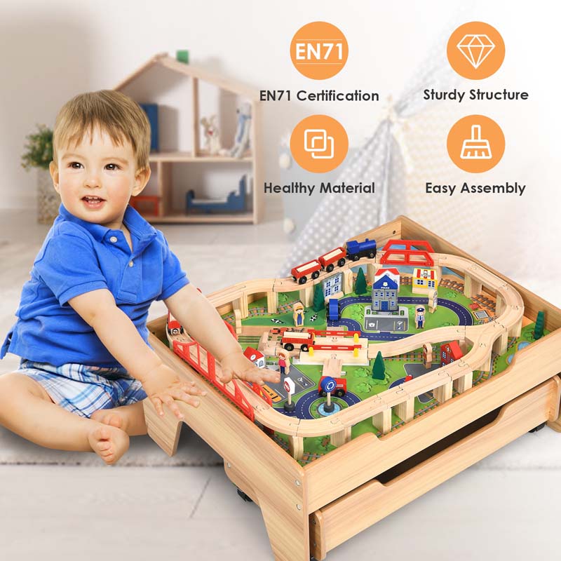 Kids Wooden Train Track Set Table with 100 Multicolor Pieces & Storage Drawer, Toddlers Activity Table Playset Gift for Boys Girls