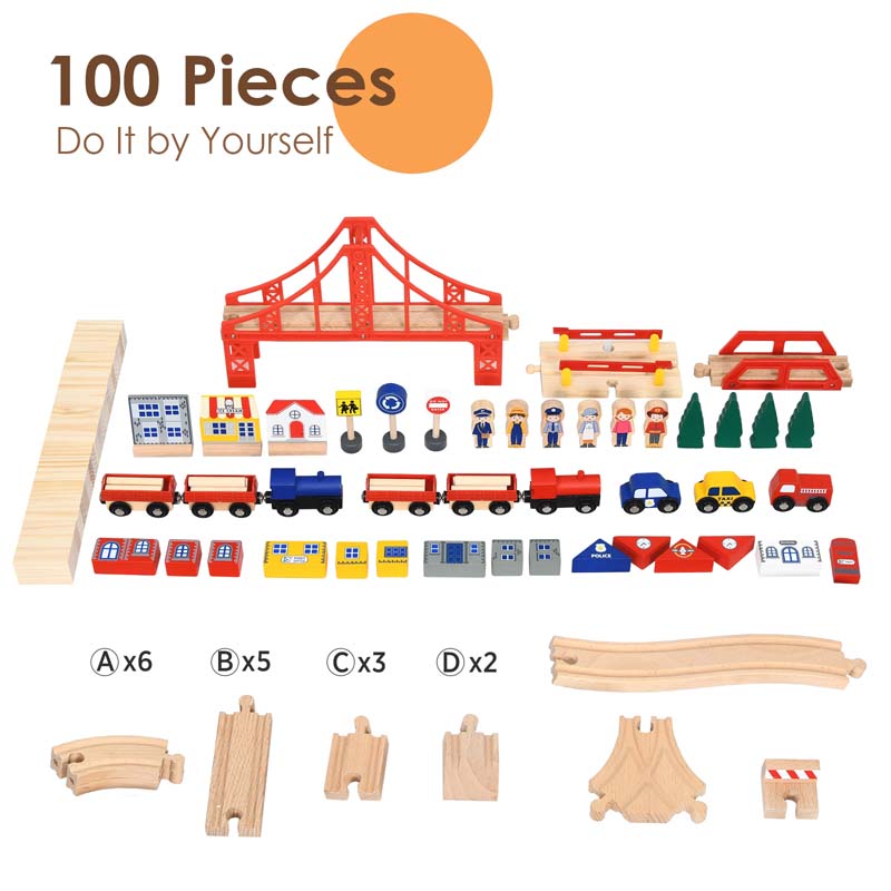 Kids Wooden Train Track Set Table with 100 Multicolor Pieces & Storage Drawer, Toddlers Activity Table Playset Gift for Boys Girls