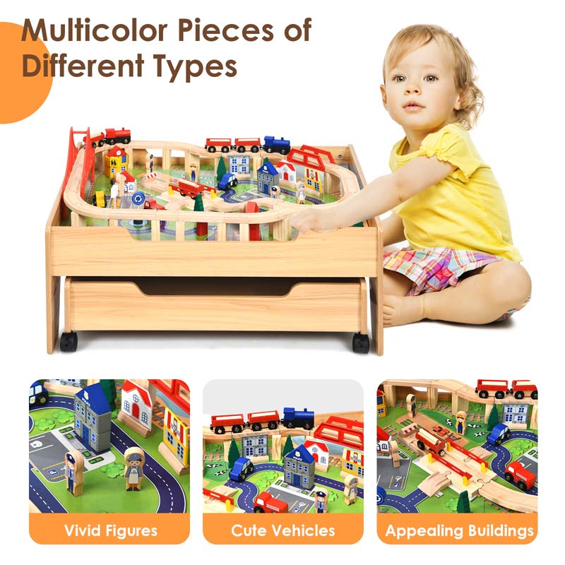 Kids Wooden Train Track Set Table with 100 Multicolor Pieces & Storage Drawer, Toddlers Activity Table Playset Gift for Boys Girls