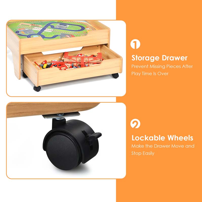 Kids Wooden Train Track Set Table with 100 Multicolor Pieces & Storage Drawer, Toddlers Activity Table Playset Gift for Boys Girls