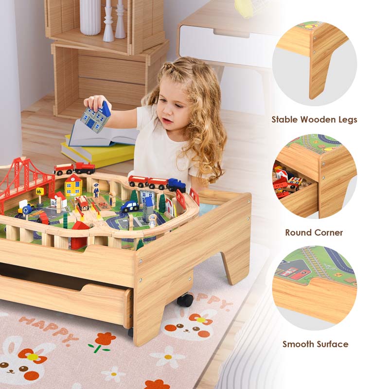 Kids Wooden Train Track Set Table with 100 Multicolor Pieces & Storage Drawer, Toddlers Activity Table Playset Gift for Boys Girls