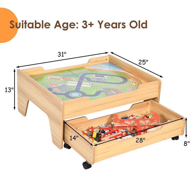 Kids Wooden Train Track Set Table with 100 Multicolor Pieces & Storage Drawer, Toddlers Activity Table Playset Gift for Boys Girls