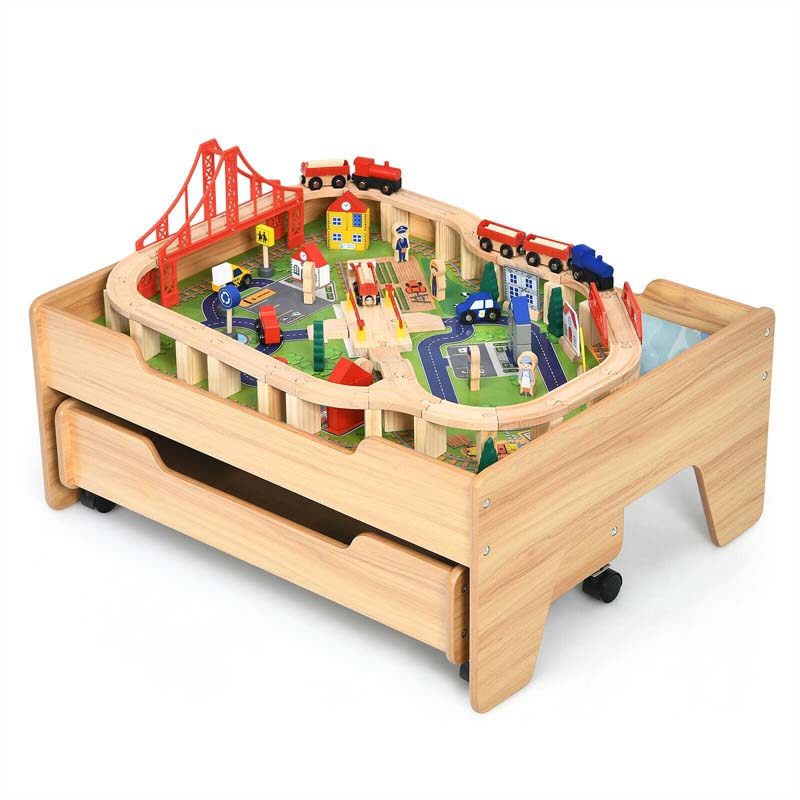 Kids Wooden Train Track Set Table with 100 Multicolor Pieces & Storage Drawer, Toddlers Activity Table Playset Gift for Boys Girls