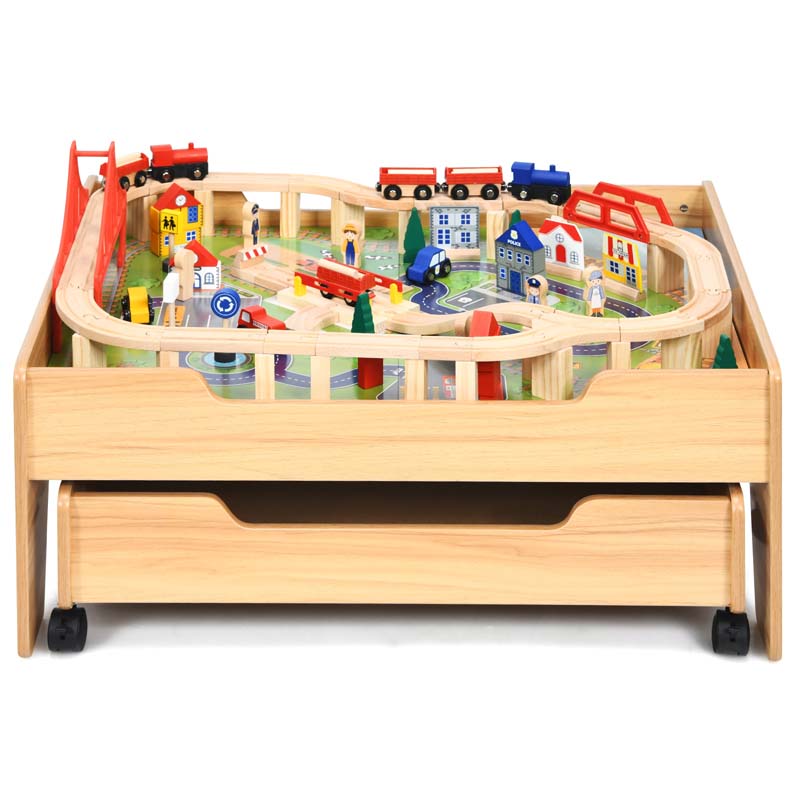 Kids Wooden Train Track Set Table with 100 Multicolor Pieces & Storage Drawer, Toddlers Activity Table Playset Gift for Boys Girls