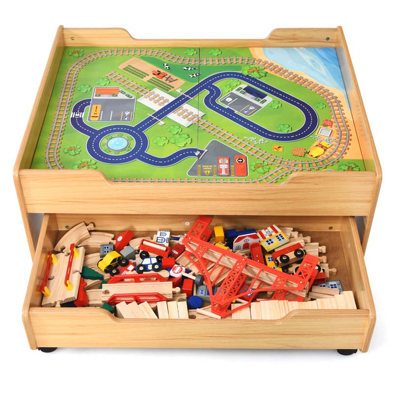 Kids Wooden Train Track Set Table with 100 Multicolor Pieces & Storage Drawer, Toddlers Activity Table Playset Gift for Boys Girls