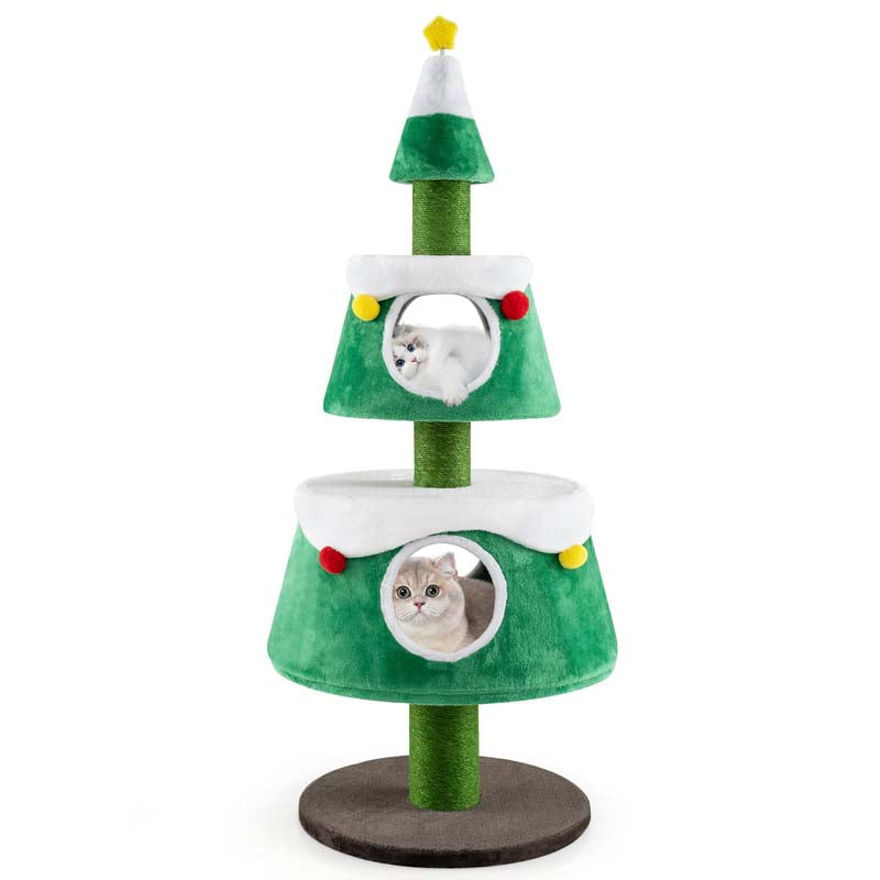 60" Christmas Cat Tree for Indoor Cats, Modern Holiday Cute Cat Tree Tower with 2 Condos, Sisal Scratching Posts, Spring Toy & Removable Beds