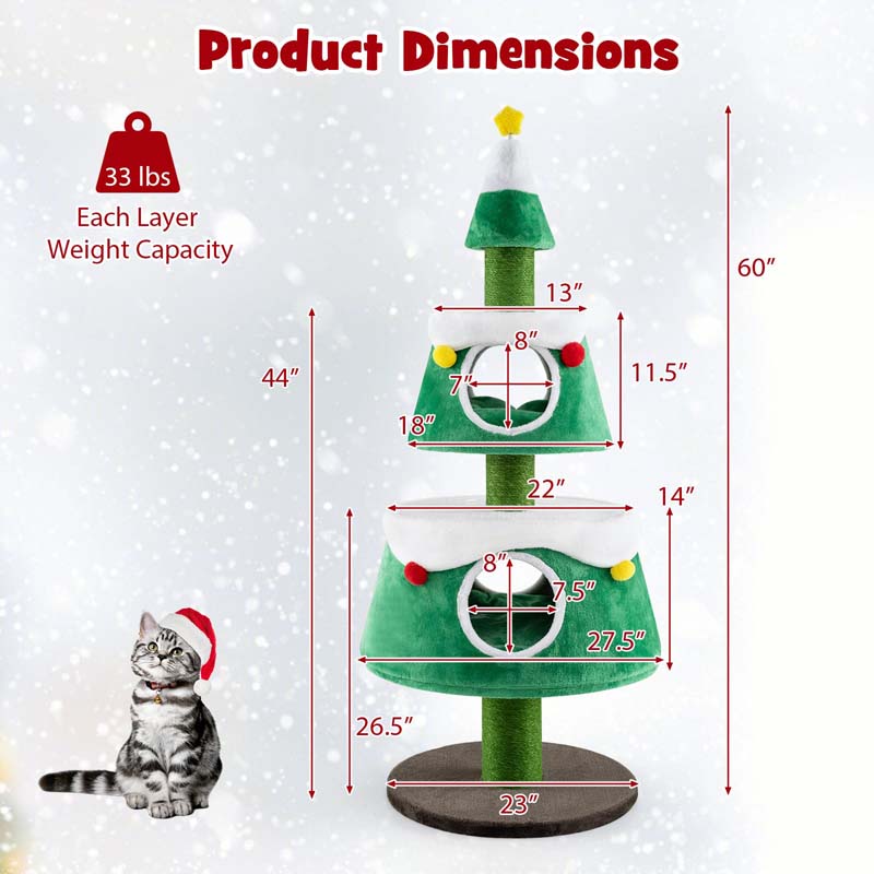 60" Christmas Cat Tree for Indoor Cats, Modern Holiday Cute Cat Tree Tower with 2 Condos, Sisal Scratching Posts, Spring Toy & Removable Beds