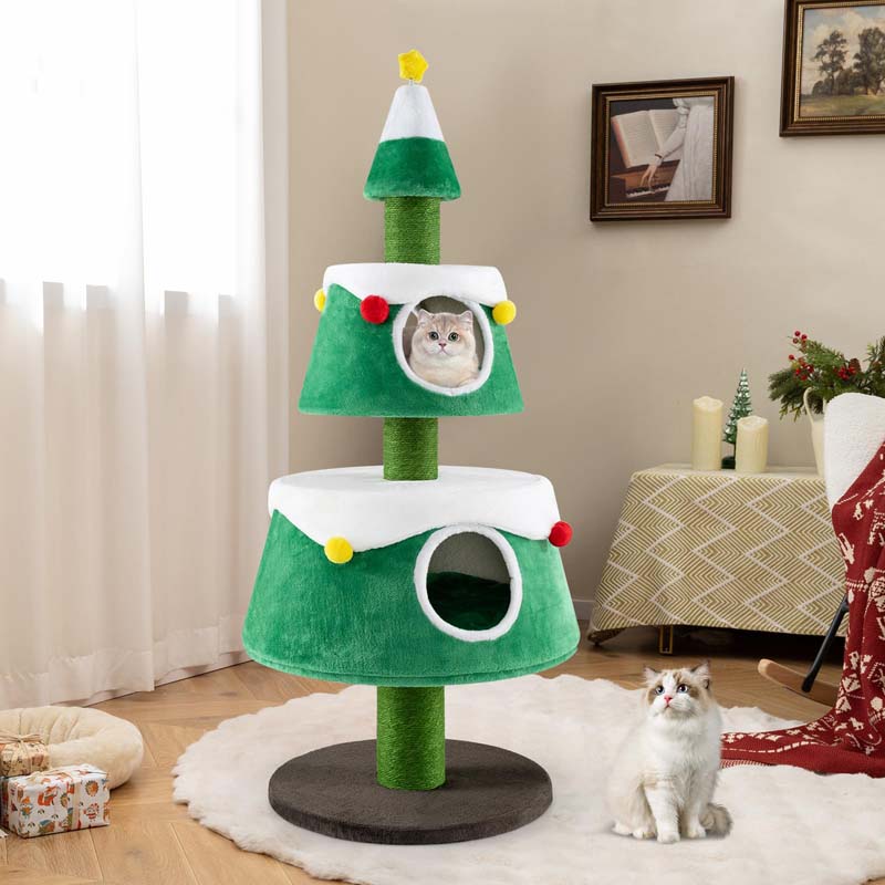 60" Christmas Cat Tree for Indoor Cats, Modern Holiday Cute Cat Tree Tower with 2 Condos, Sisal Scratching Posts, Spring Toy & Removable Beds