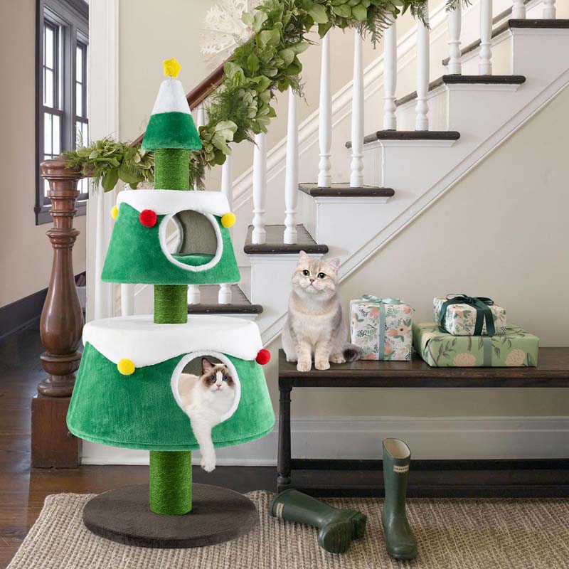 60" Christmas Cat Tree for Indoor Cats, Modern Holiday Cute Cat Tree Tower with 2 Condos, Sisal Scratching Posts, Spring Toy & Removable Beds