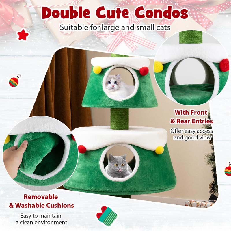 60" Christmas Cat Tree for Indoor Cats, Modern Holiday Cute Cat Tree Tower with 2 Condos, Sisal Scratching Posts, Spring Toy & Removable Beds