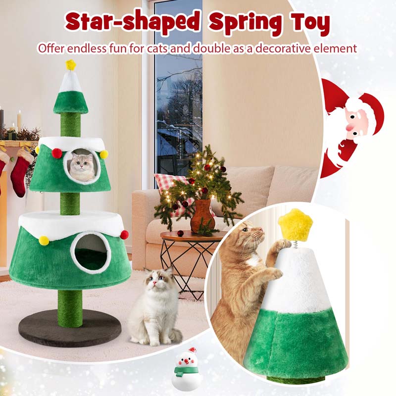 60" Christmas Cat Tree for Indoor Cats, Modern Holiday Cute Cat Tree Tower with 2 Condos, Sisal Scratching Posts, Spring Toy & Removable Beds