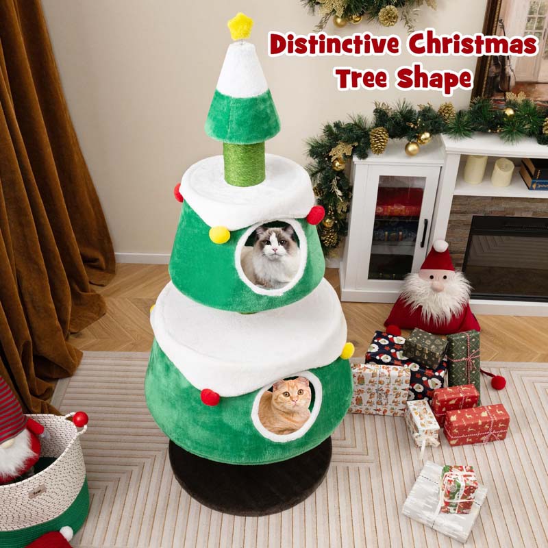 60" Christmas Cat Tree for Indoor Cats, Modern Holiday Cute Cat Tree Tower with 2 Condos, Sisal Scratching Posts, Spring Toy & Removable Beds
