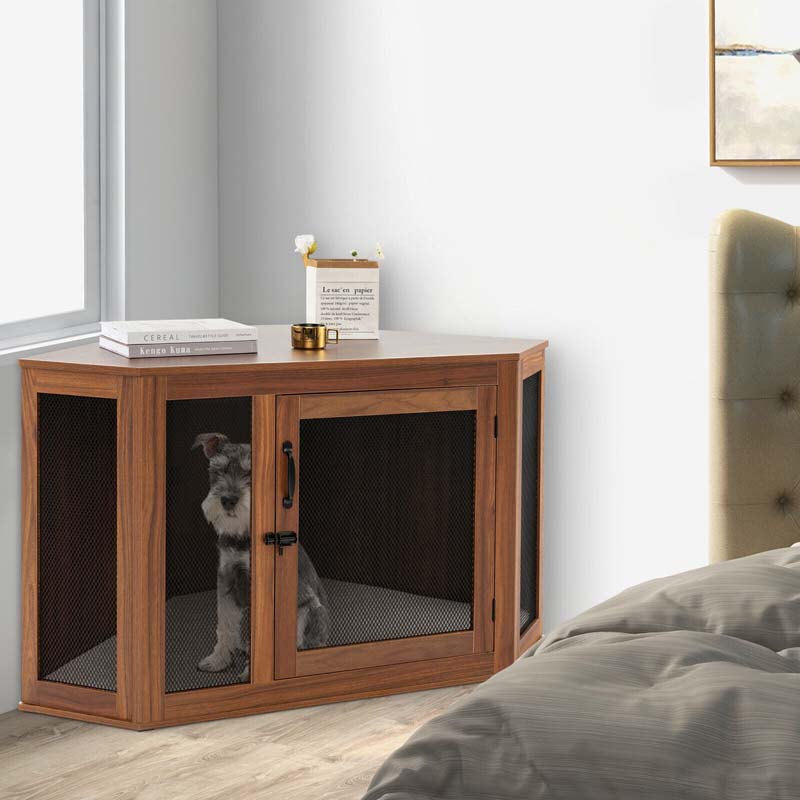 Corner Dog Crate Furniture with Mesh Door & Cushion, Wooden Indoor Puppy House Pet Kennel for Small & Medium Dogs