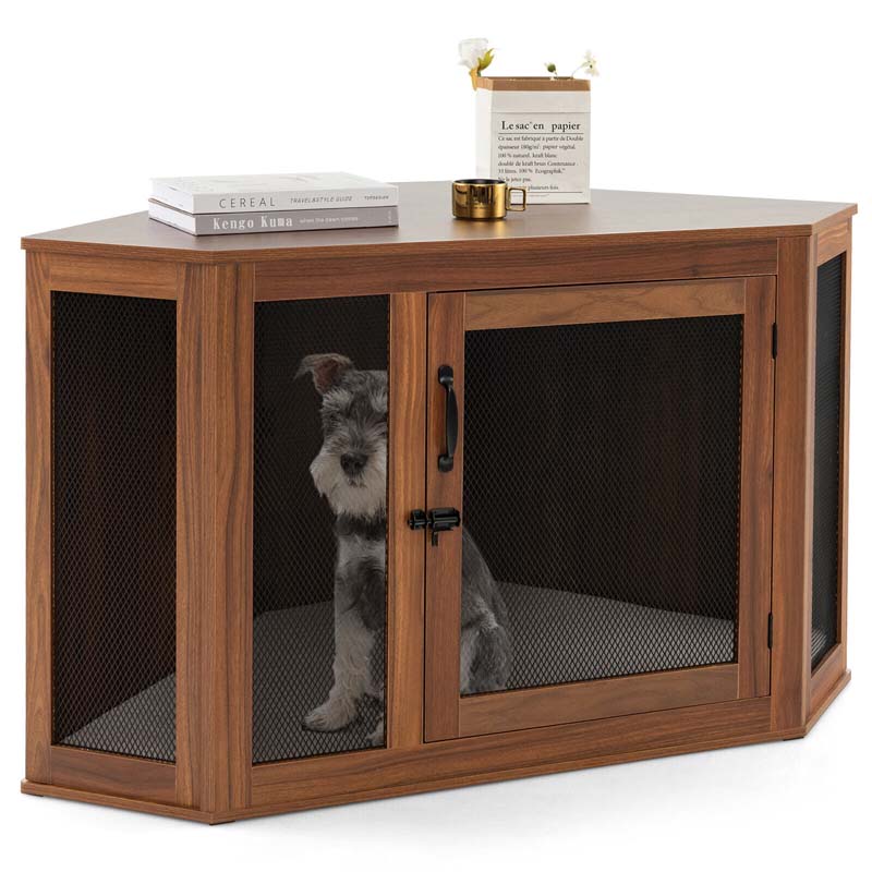 Corner Dog Crate Furniture with Mesh Door & Cushion, Wooden Indoor Puppy House Pet Kennel for Small & Medium Dogs