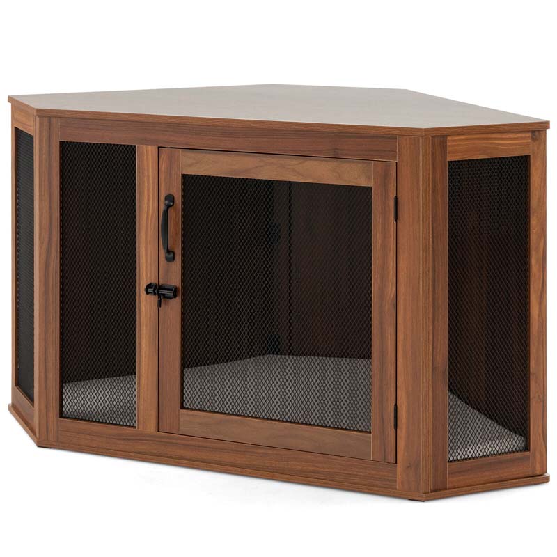 Corner Dog Crate Furniture with Mesh Door & Cushion, Wooden Indoor Puppy House Pet Kennel for Small & Medium Dogs