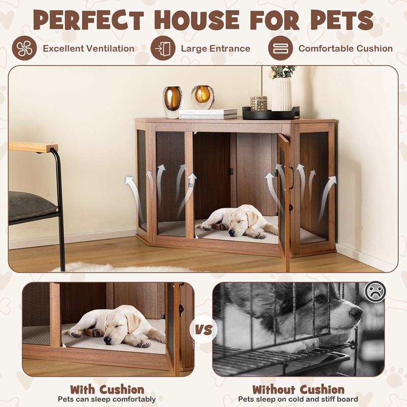 Corner Dog Crate Furniture with Mesh Door & Cushion, Wooden Indoor Puppy House Pet Kennel for Small & Medium Dogs