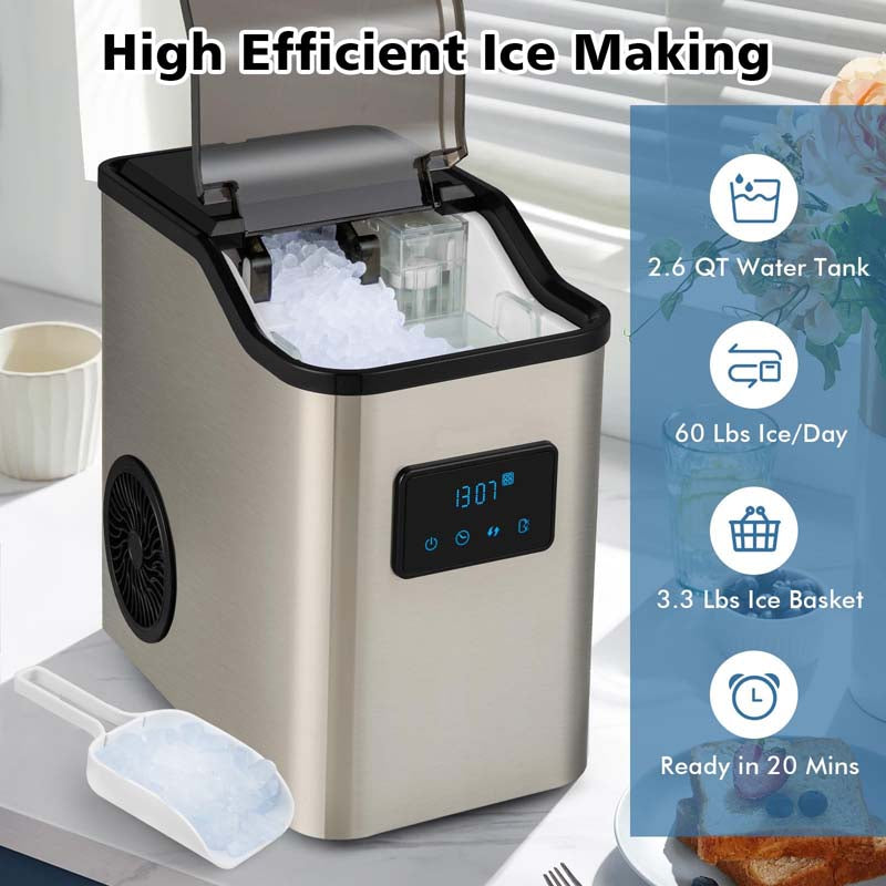 60Lbs/24H Nugget Ice Maker Countertop with 2 Ways Water Refill & Self-Cleaning, Stainless Steel Portable Ice Cube Machine