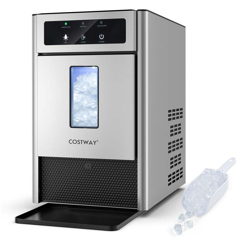 40 Lbs/24H Nugget Ice Maker Countertop, Stainless Steel Pebble Ice Maker with Self-Cleaning Function, LED Light