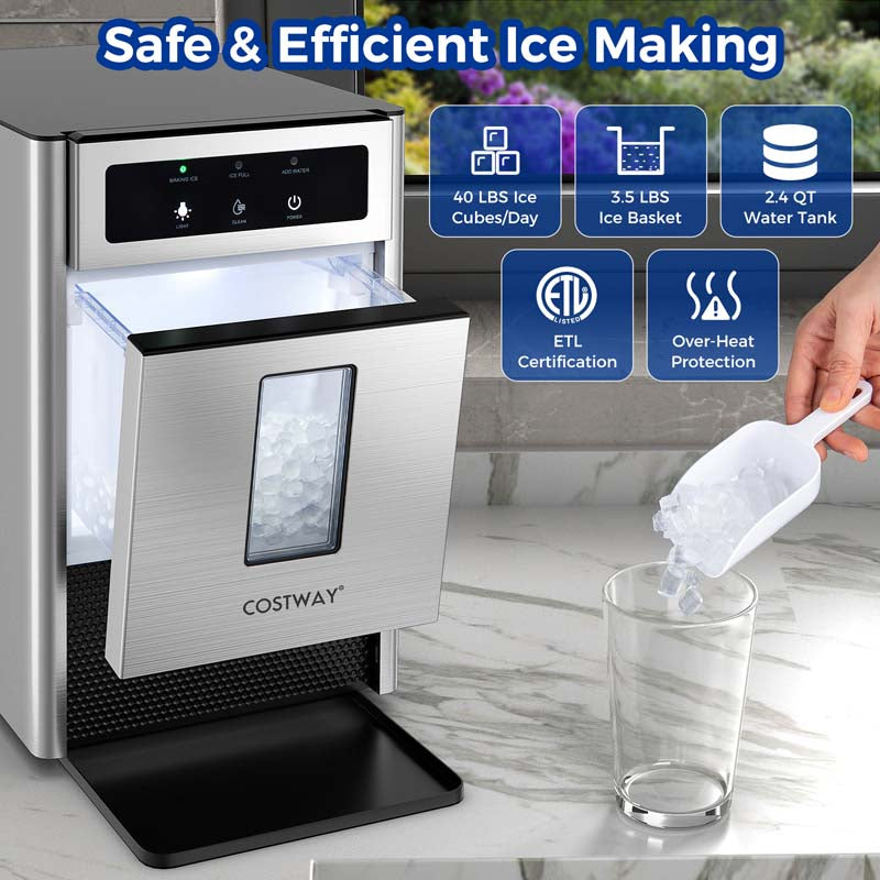 40 Lbs/24H Nugget Ice Maker Countertop, Stainless Steel Pebble Ice Maker with Self-Cleaning Function, LED Light