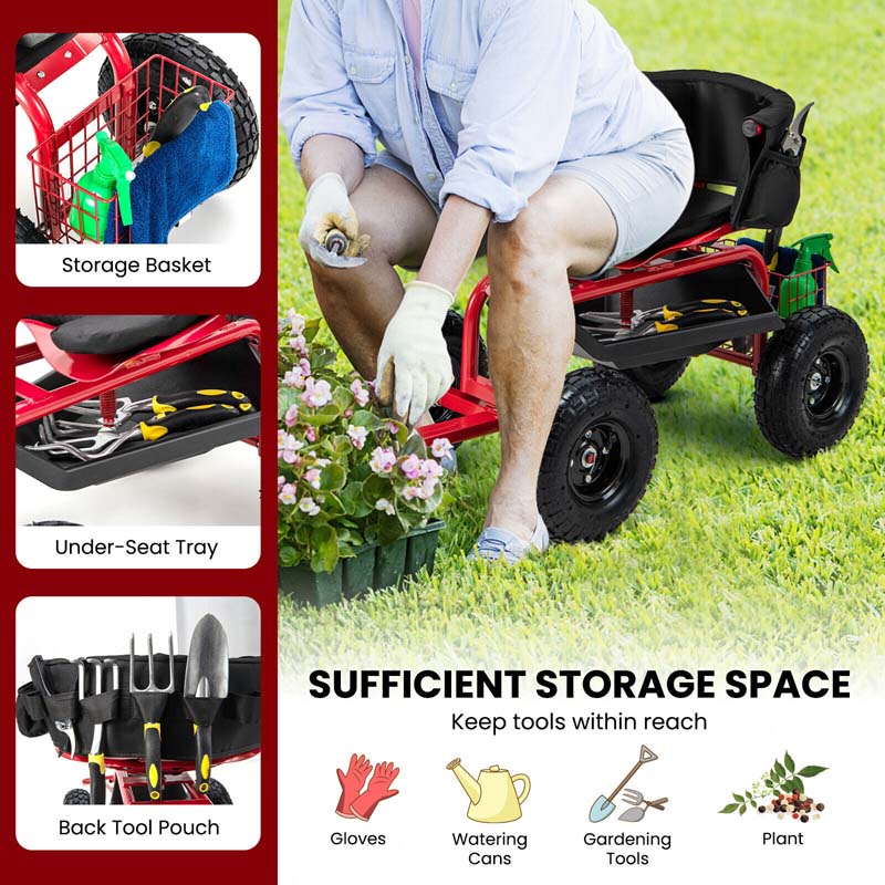 Cushioned Rolling Garden Cart Workseat Yard Wagon Scooter with Storage Basket & Extendable Steering Handle