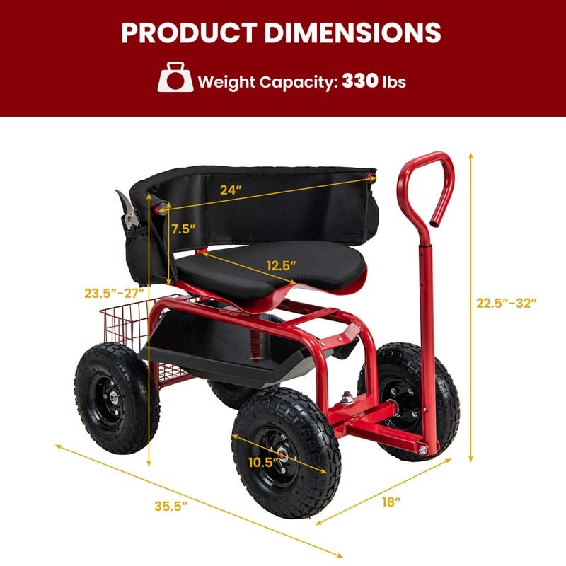 Cushioned Rolling Garden Cart Workseat Yard Wagon Scooter with Storage Basket & Extendable Steering Handle