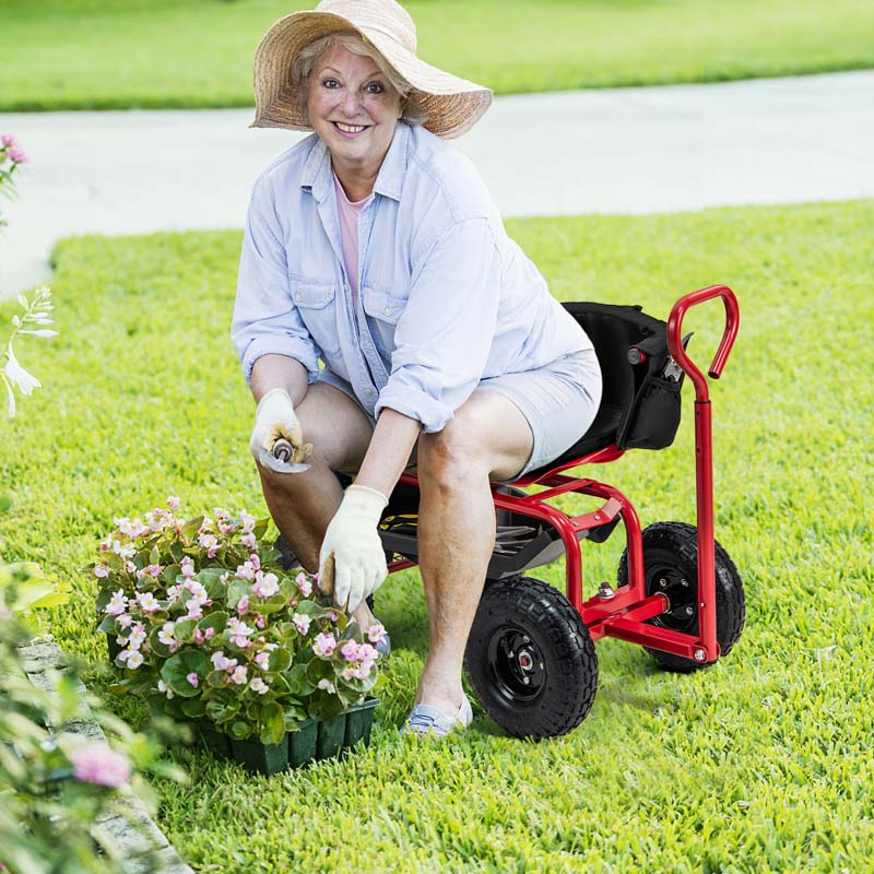 Rolling Garden Cart with 360° Swivel Padded Seat, Adjustable Gardening Scooter Workseat with Tool Tray & Storage, Extendable Handle for Seniors