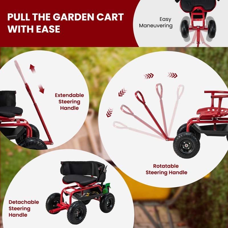 Cushioned Rolling Garden Cart Workseat Yard Wagon Scooter with Storage Basket & Extendable Steering Handle