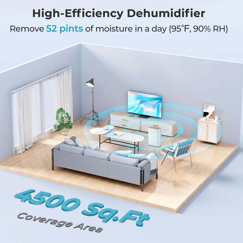 52 Pint Dehumidifier for Home Basement, 4500 Sq.Ft Portable Dehumidifier with Auto Drain, Clothes Drying Mode, Auto Defrost, 24H Timer & Child Lock