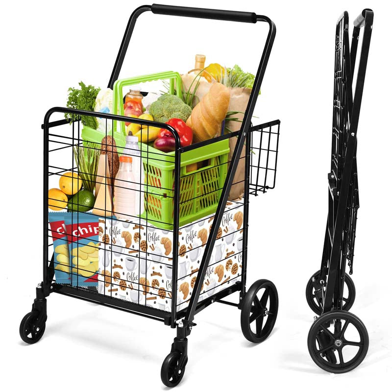 330 LBS Capacity Foldable Jumbo Shopping Cart w/360 Rolling Swivel Wheels, Double Basket, Heavy Duty Folding Utility Cart for Grocery Laundry Luggage