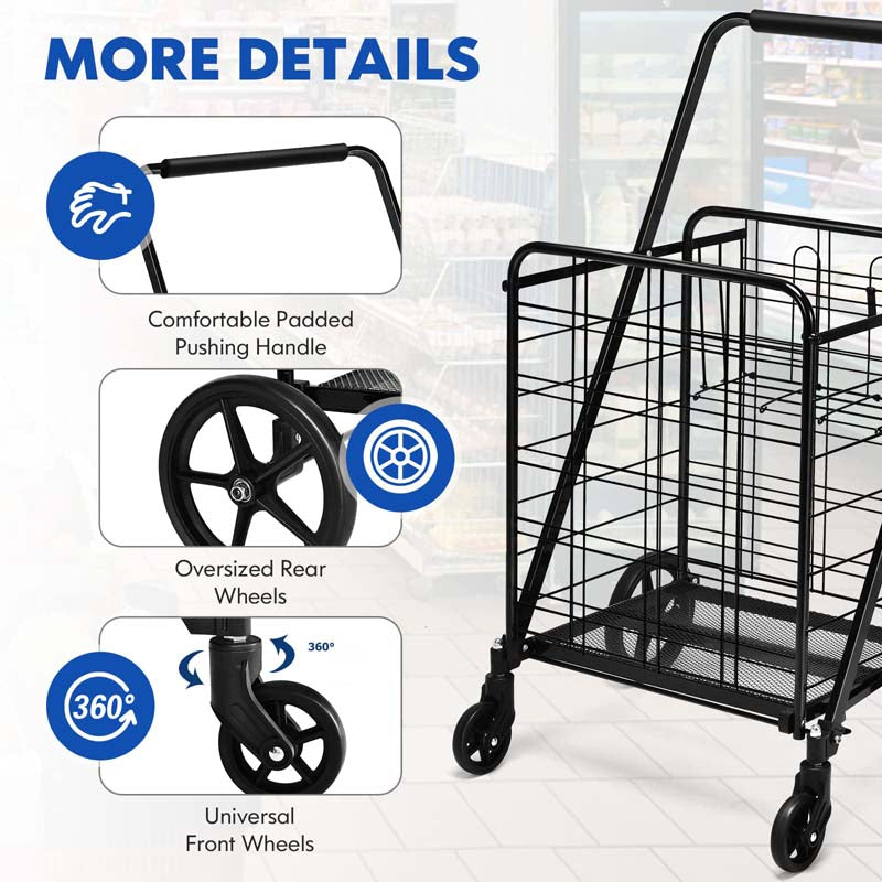 330 LBS Capacity Foldable Jumbo Shopping Cart w/360 Rolling Swivel Wheels, Double Basket, Heavy Duty Folding Utility Cart for Grocery Laundry Luggage