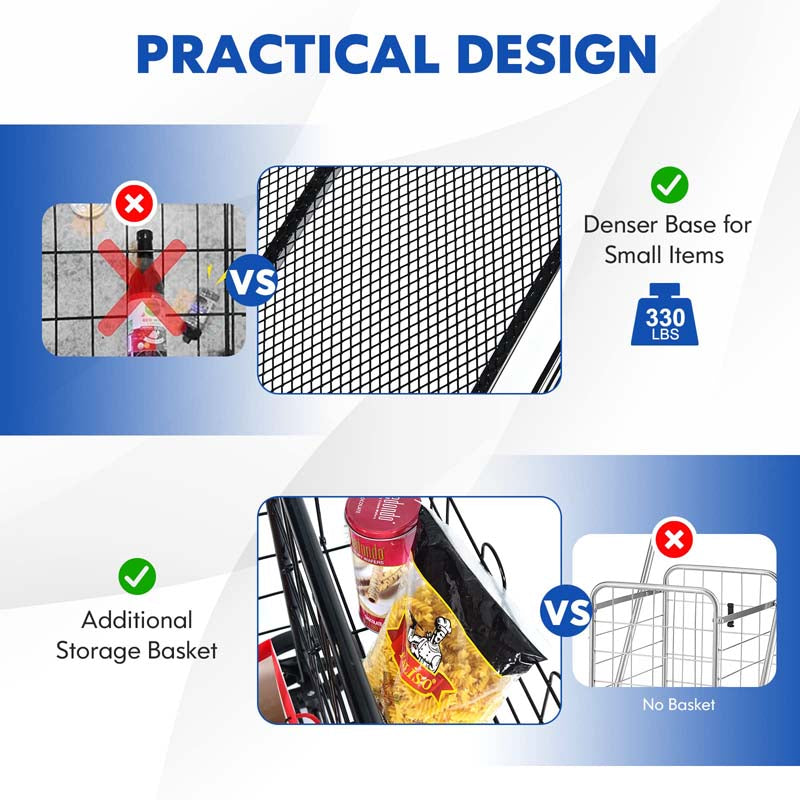330 LBS Capacity Foldable Jumbo Shopping Cart w/360 Rolling Swivel Wheels, Double Basket, Heavy Duty Folding Utility Cart for Grocery Laundry Luggage
