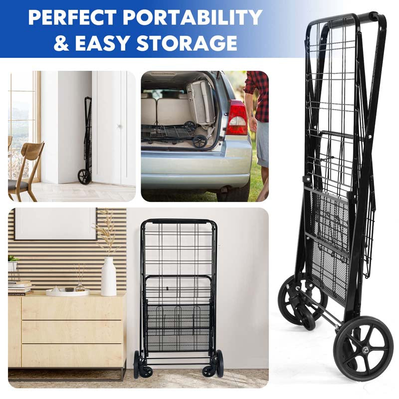330 LBS Capacity Foldable Jumbo Shopping Cart w/360 Rolling Swivel Wheels, Double Basket, Heavy Duty Folding Utility Cart for Grocery Laundry Luggage