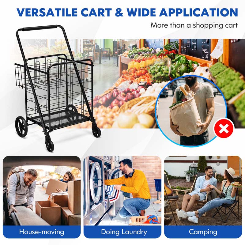 330 LBS Capacity Foldable Jumbo Shopping Cart w/360 Rolling Swivel Wheels, Double Basket, Heavy Duty Folding Utility Cart for Grocery Laundry Luggage
