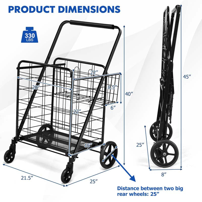 330 LBS Capacity Foldable Jumbo Shopping Cart w/360 Rolling Swivel Wheels, Double Basket, Heavy Duty Folding Utility Cart for Grocery Laundry Luggage