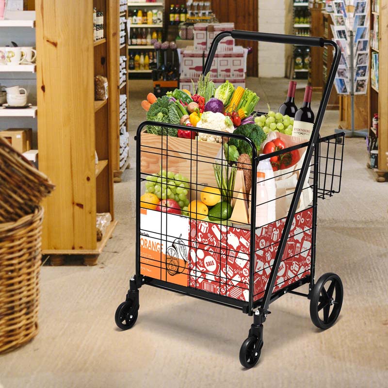 330 LBS Capacity Foldable Jumbo Shopping Cart w/360 Rolling Swivel Wheels, Double Basket, Heavy Duty Folding Utility Cart for Grocery Laundry Luggage