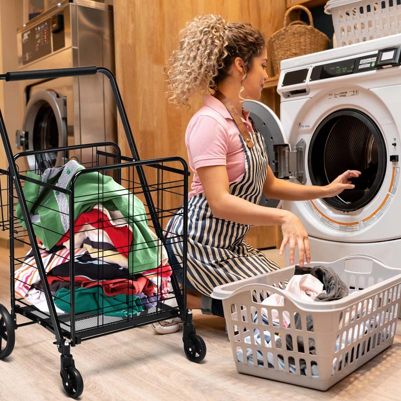 330 LBS Capacity Foldable Jumbo Shopping Cart w/360 Rolling Swivel Wheels, Double Basket, Heavy Duty Folding Utility Cart for Grocery Laundry Luggage