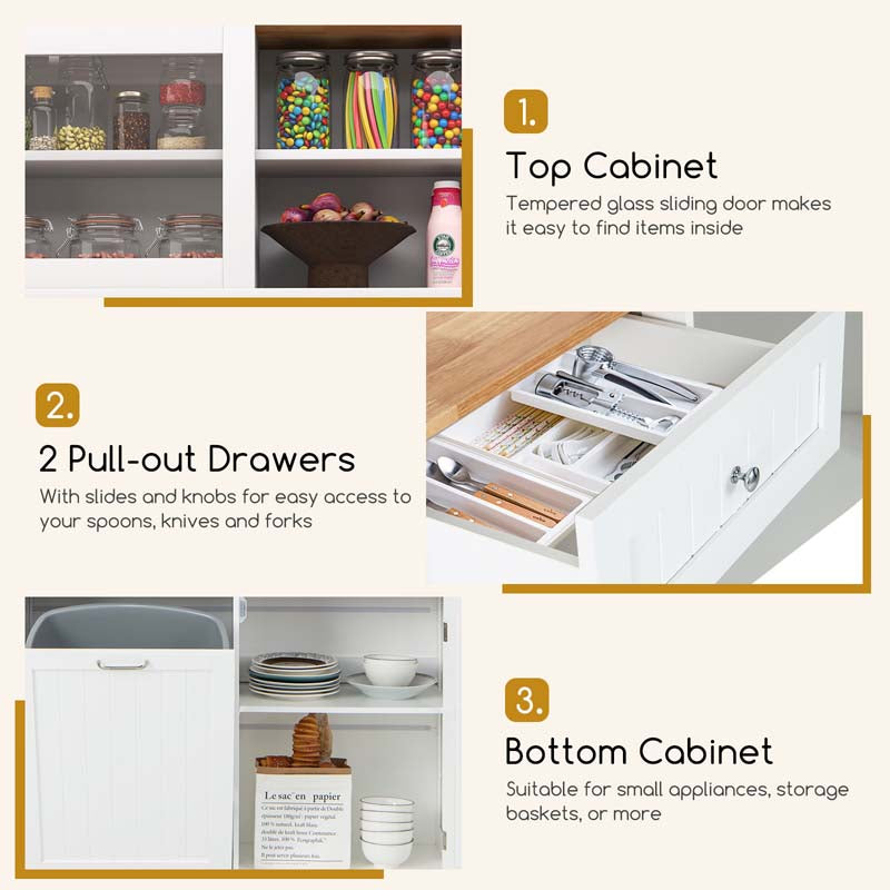 68" Tall 10-Gallon Tilt Out Trash Cabinet with Hutch, Freestanding Wood Kitchen Pantry Sideboard Cupboard with Countertop & Drawers