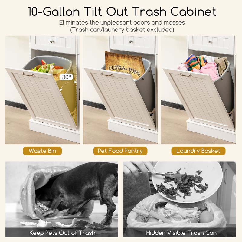 68" Tall 10-Gallon Tilt Out Trash Cabinet with Hutch, Freestanding Wood Kitchen Pantry Sideboard Cupboard with Countertop & Drawers