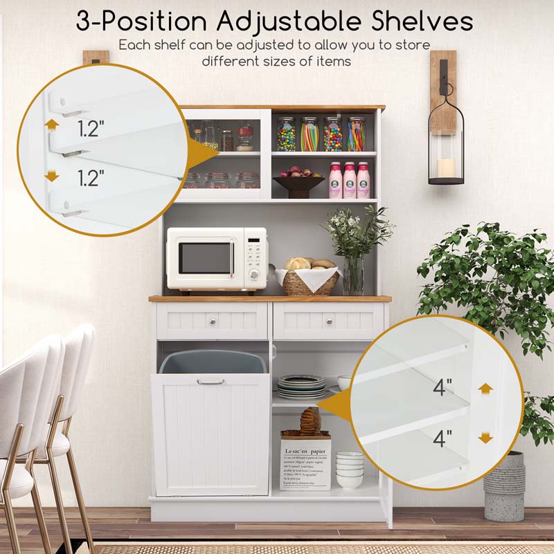 68" Tall 10-Gallon Tilt Out Trash Cabinet with Hutch, Freestanding Wood Kitchen Pantry Sideboard Cupboard with Countertop & Drawers