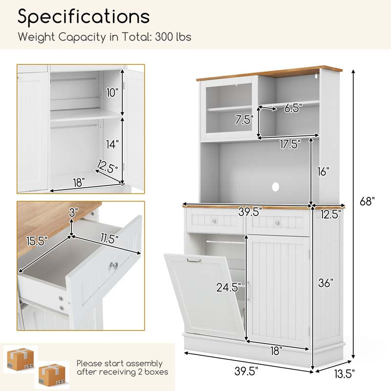 68" Tall 10-Gallon Tilt Out Trash Cabinet with Hutch, Freestanding Wood Kitchen Pantry Sideboard Cupboard with Countertop & Drawers