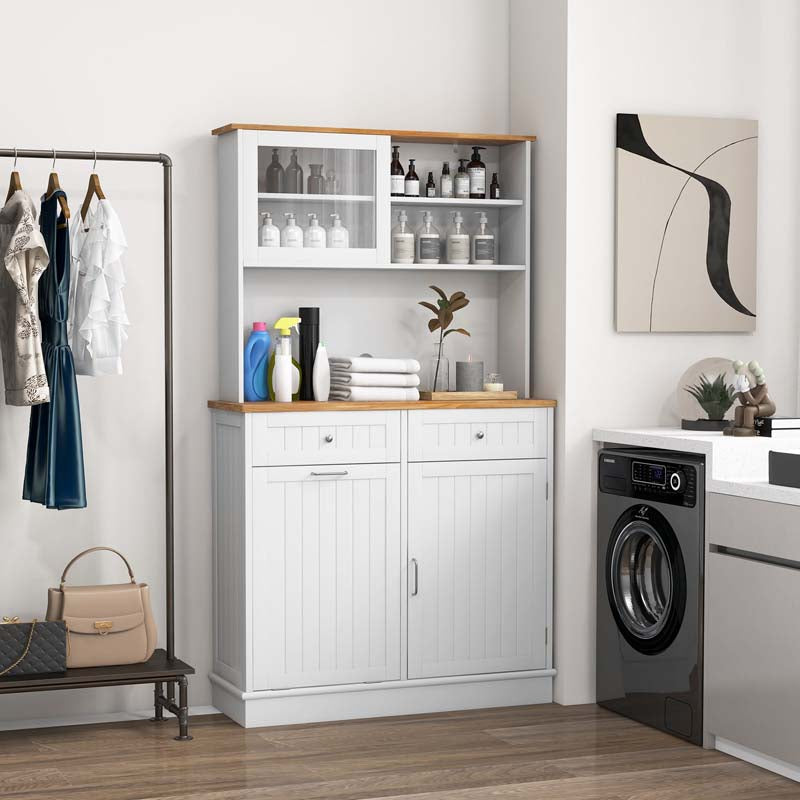 68" Tall 10-Gallon Tilt Out Trash Cabinet with Hutch, Freestanding Wood Kitchen Pantry Sideboard Cupboard with Countertop & Drawers