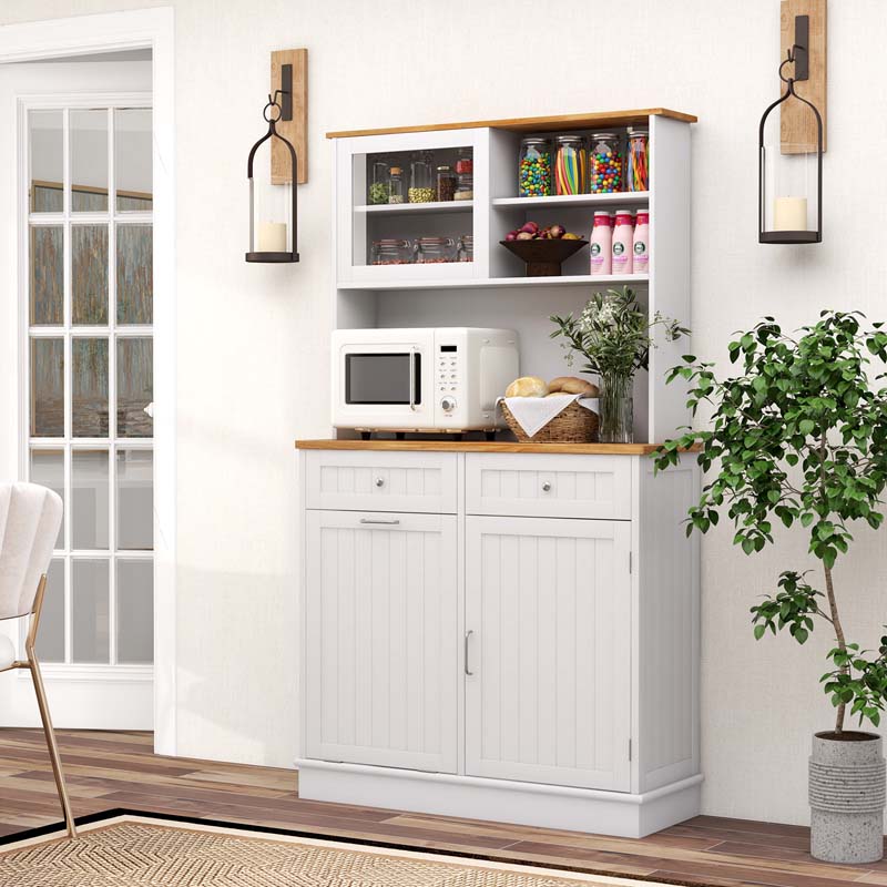 68" Tall 10-Gallon Tilt Out Trash Cabinet with Hutch, Freestanding Wood Kitchen Pantry Sideboard Cupboard with Countertop & Drawers