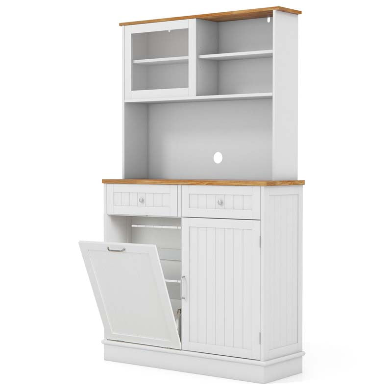 68" Tall 10-Gallon Tilt Out Trash Cabinet with Hutch, Freestanding Wood Kitchen Pantry Sideboard Cupboard with Countertop & Drawers
